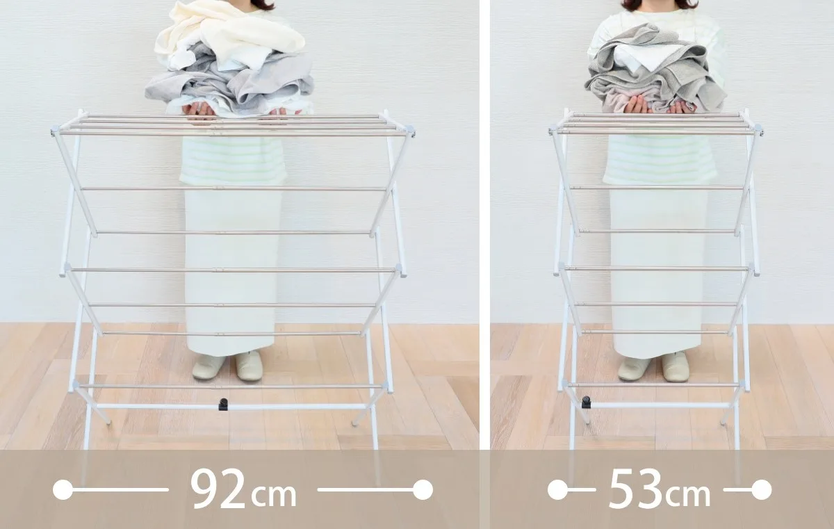 WY物干しスタンドの幅を92cmと53cmに調節した比較イメージ