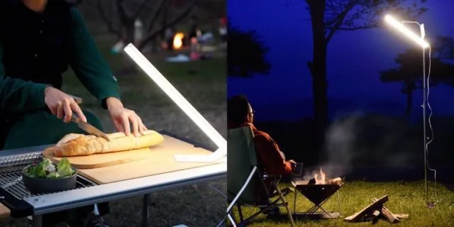 LEDランタンで夜の調理と焚き火シーンを照らす秋キャンプの使用例