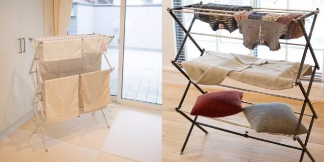 WY物干しスタンドにバスタオルやニットを干した部屋干し使用例（白・黒2タイプ）