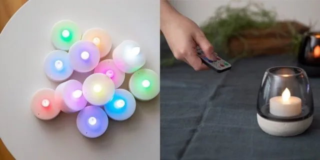 12色に光るLEDキャンドルライトのセットとリモコン操作の様子