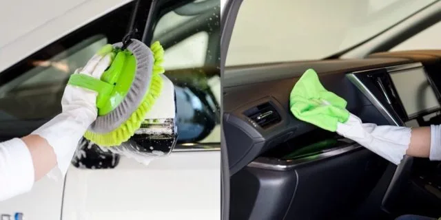 丸モップで車のサイドミラーを洗浄し、マイクロファイバークロスで車内インテリアを拭くシーン