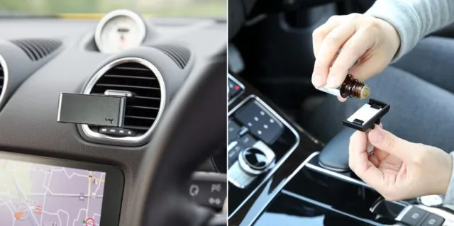 車のエアコン送風口に取り付けたWY車載アロマホルダーCARLOと、パッドにアロマオイルを垂らす手元