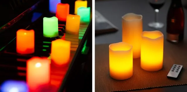 12色に光る小型LEDキャンドルセット(左)とリモコン付き本物の蝋使用LEDキャンドルS/M/Lサイズ(右)