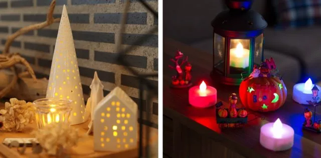 陶器製クリスマスツリーと家型LEDキャンドルホルダー(左)、カラフルなLEDティーライトとハロウィン飾り(右)